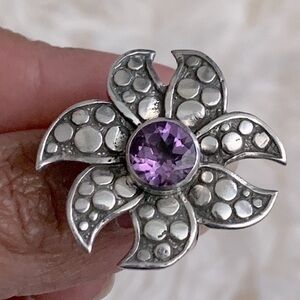 🌺 Gorgeous 925K Purple Amethyst Sterling Silver Dot Flower Boho Ring Sz 6.5